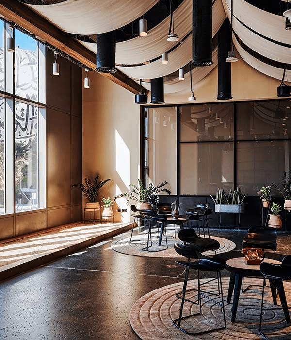 Hotel chill corner with views of the Museum of the Future, UAE.